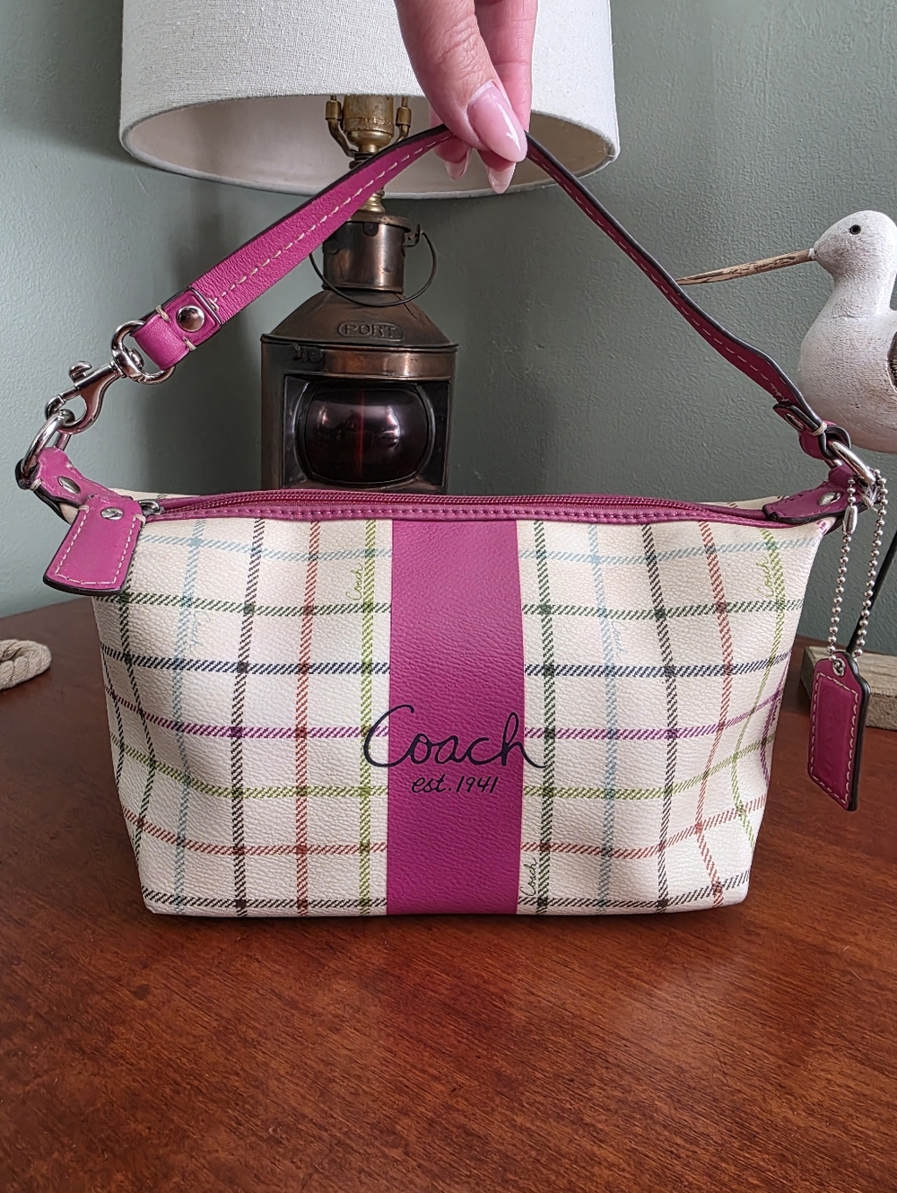Coach Tattersall Demi Plaid Canvas Leather Shoulder Bag Pink Cream Y2K